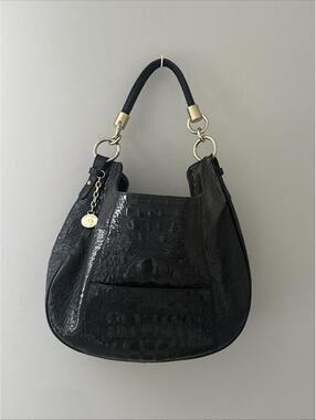 Brahmin Luxury Womens Hobo Crocodile-Embossed Bag Black Leather Gold  Accents